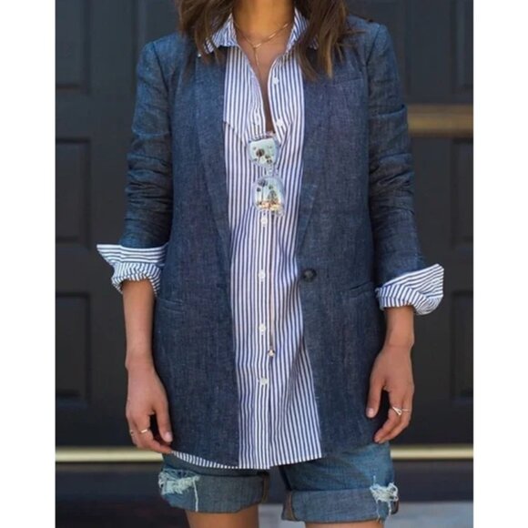 EUC Women's BANANA REPBULIC One-Button Linen Blazer Chambray | Size 14 - Picture 2 of 10